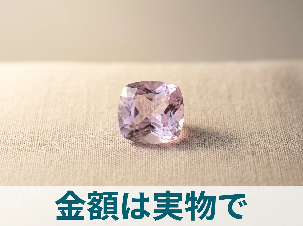 リネンの上に置いたクンツァイトのルース1石を近くから写した写真