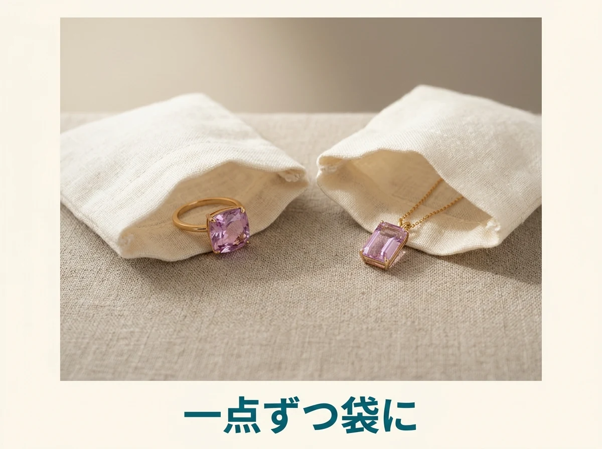 布の小袋に一点ずつ入れたクンツァイトの指輪とペンダントの写真