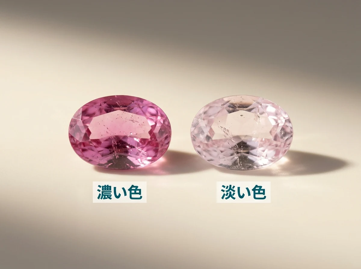 色の濃いクンツァイトと淡いクンツァイトを並べた写真