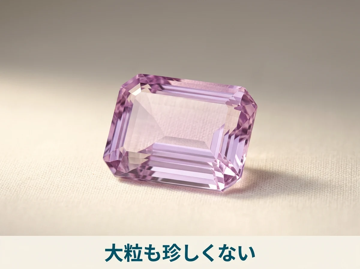 大きなステップカットのクンツァイトのルースをリネンの上に置いた写真
