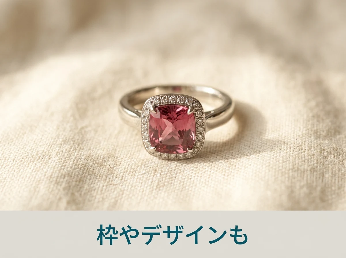 小さなダイヤモンドをあしらったプラチナ枠のクンツァイトの指輪の写真