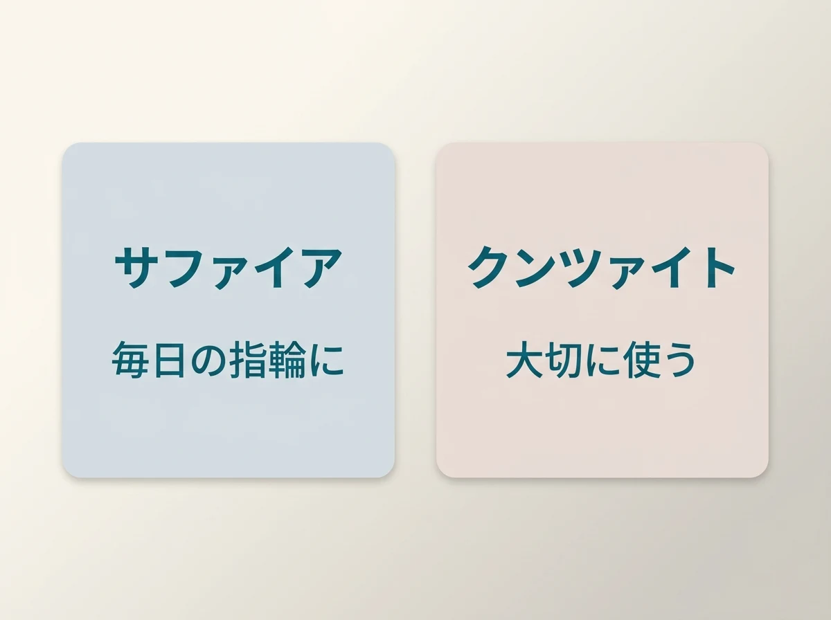 サファイアは毎日の指輪に、クンツァイトは大切に使う形にと、選び方の違いを示す図