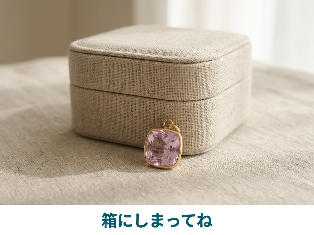 ふたの閉まる布張りの箱の横に置いたクンツァイトのペンダント