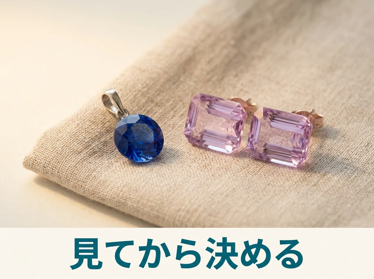 リネンの上に並べたサファイアとクンツァイトのジュエリー