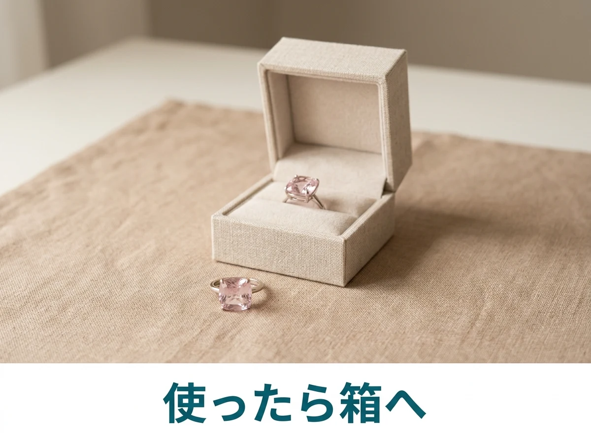 布張りの小さなジュエリーボックスの横に置いたクンツァイトの指輪