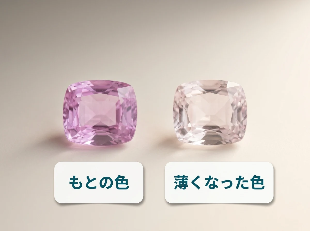 もとの色のクンツァイトと、色が薄くなったクンツァイトを並べた写真