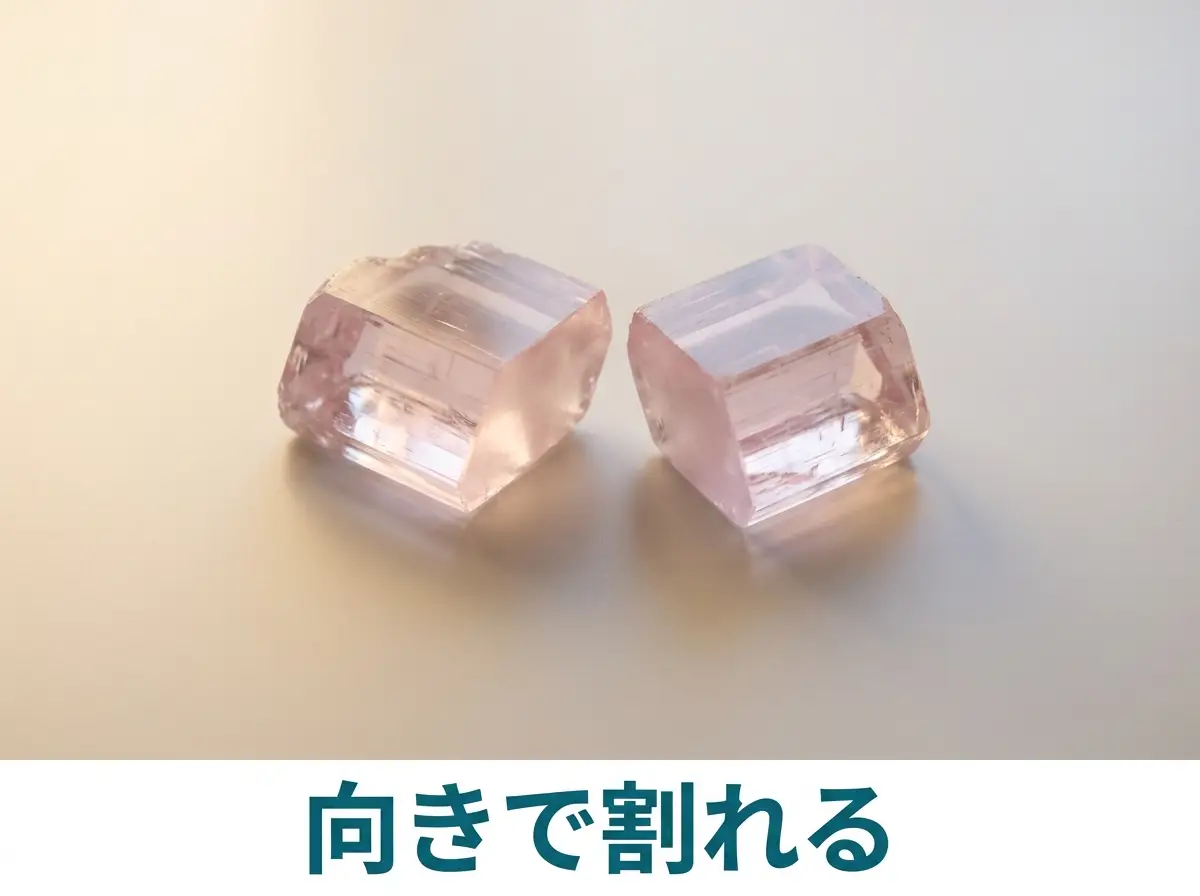 平らな面に沿って割れたクンツァイトの結晶片の写真