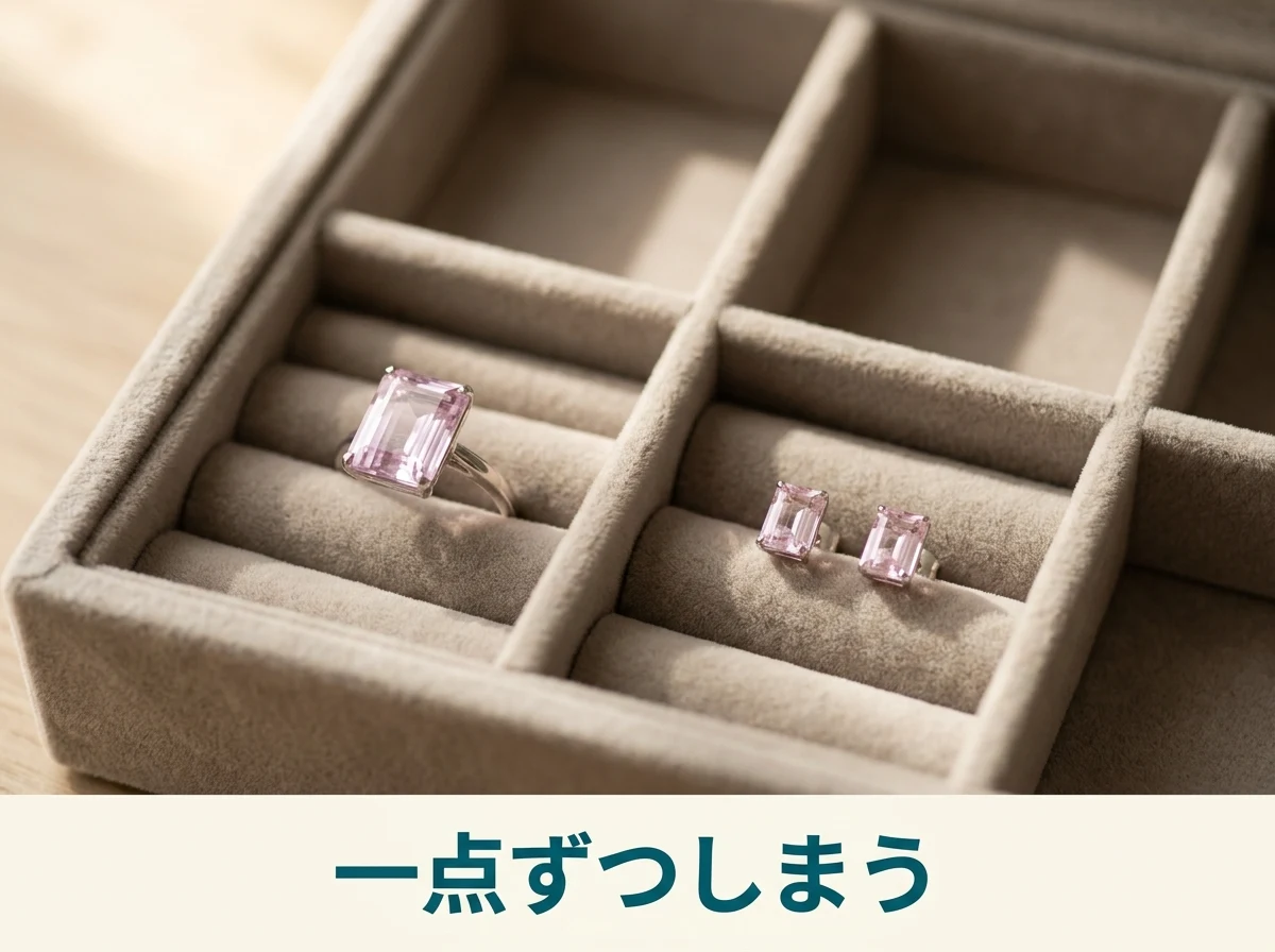 仕切りのある布張りのケースに一点ずつ収めたクンツァイトのジュエリー
