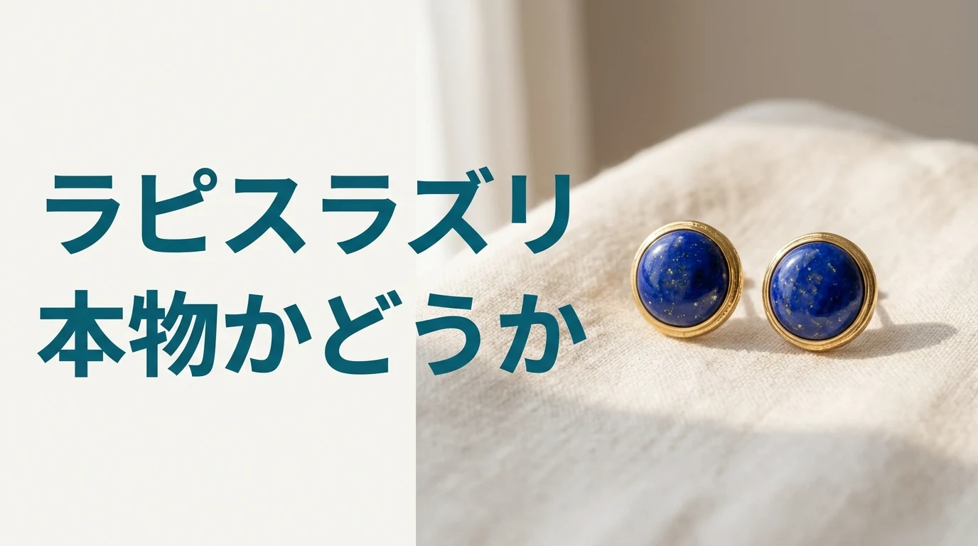 やわらかいリネンの上に置いた、金色の粒が散る濃い青のラピスラズリを金色の枠に留めた一対のイヤリングの写真。画像内の文字は「ラピスラズリ」「本物かどうか」