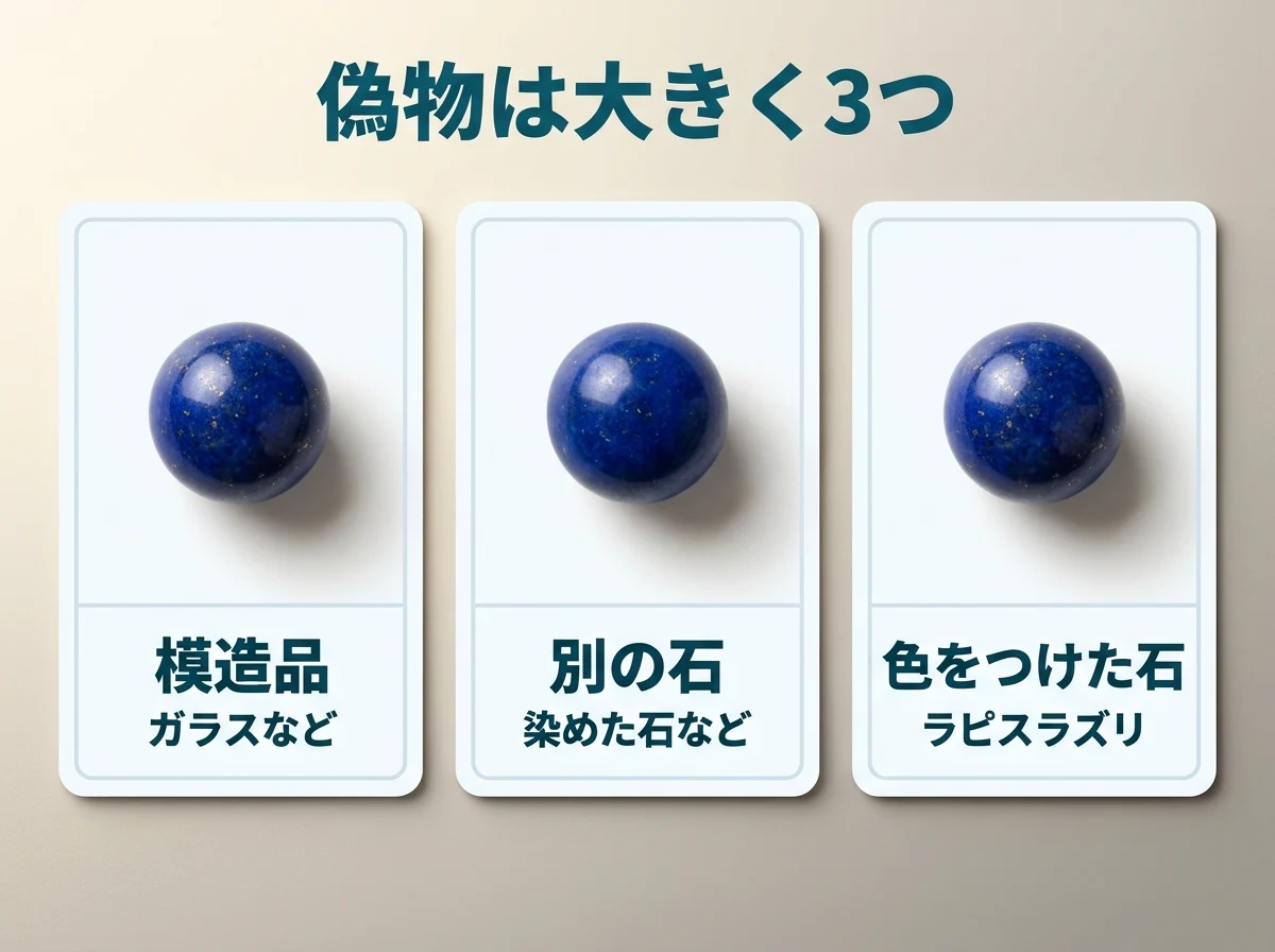 見た目のよく似た濃い青の丸玉を入れた3枚のカード。偽物と呼ばれるものがガラスなどの模造品・似た別の石・見た目に手を加えたラピスラズリの3つに分かれることを示す図。画像内の文字は「偽物は大きく3つ」「模造品」「ガラスなど」「別の石」「染めた石など」「色をつけた石」「ラピスラズリ」