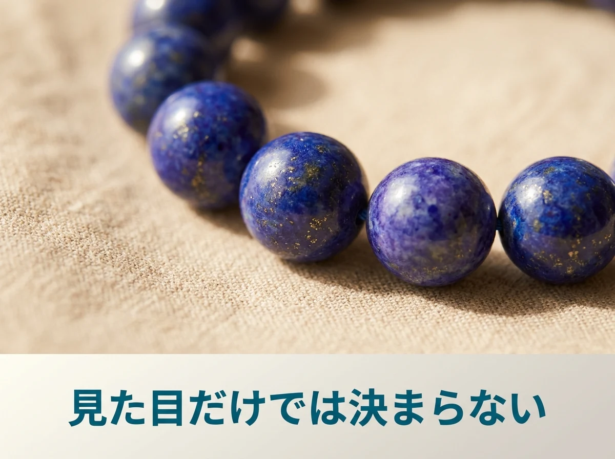 リネンの上に置いたラピスラズリのブレスレットの丸玉を、金色の粒が見えるまで近づけて写した写真。見た目だけでは本物と決まらないことを示している。画像内の文字は「見た目だけでは決まらない」