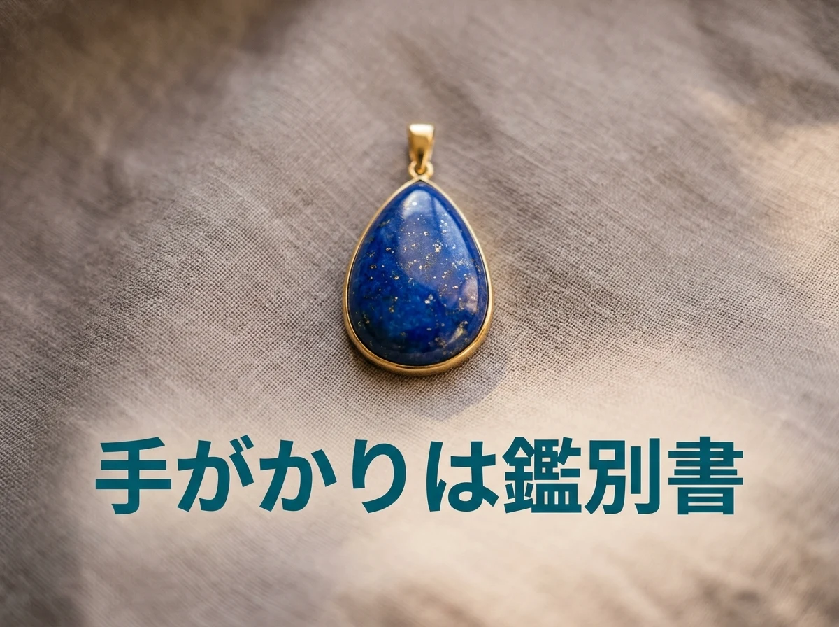 やわらかいリネンの上に置いた、金色の枠に濃い青のラピスラズリを留めたペンダントトップの写真。本物かどうかの手がかりが鑑別書であることを示している。画像内の文字は「手がかりは鑑別書」