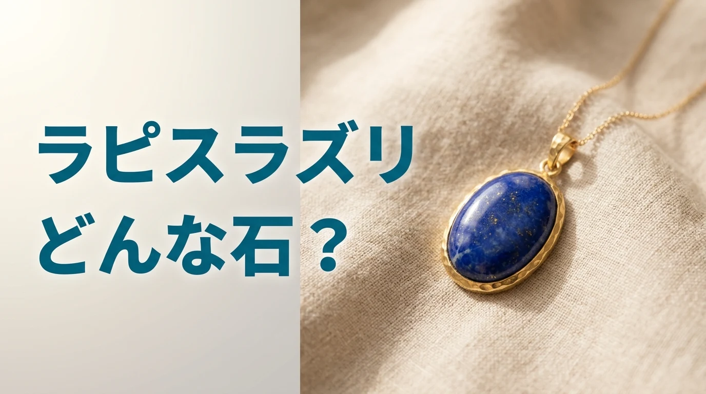 やわらかいリネンの上に置いた、金色の粒が散る濃い青のラピスラズリのペンダントの写真