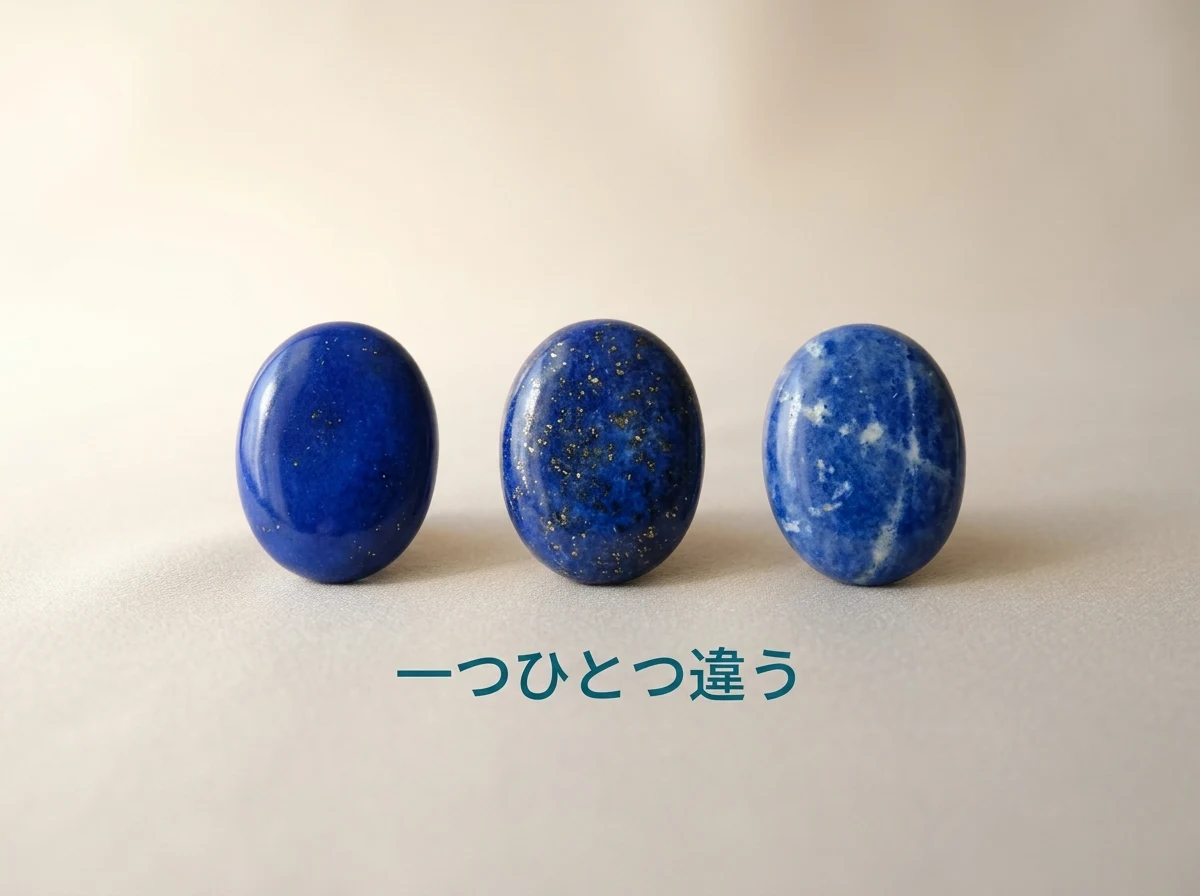 青の濃さや金色の粒・白い部分の入り方が少しずつ違う、3つのラピスラズリのカボションを並べた写真