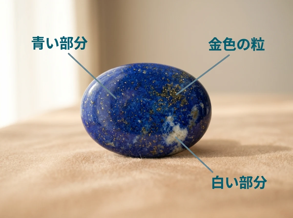 ラピスラズリのカボションの拡大写真。青い部分・金色の粒・白い部分を、それぞれ短い言葉で指している