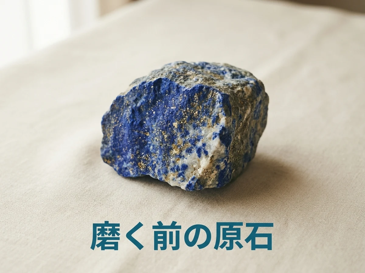 マットな布の上に置いた、白っぽい母岩に濃い青と金色の粒が混じる、磨く前のラピスラズリの原石