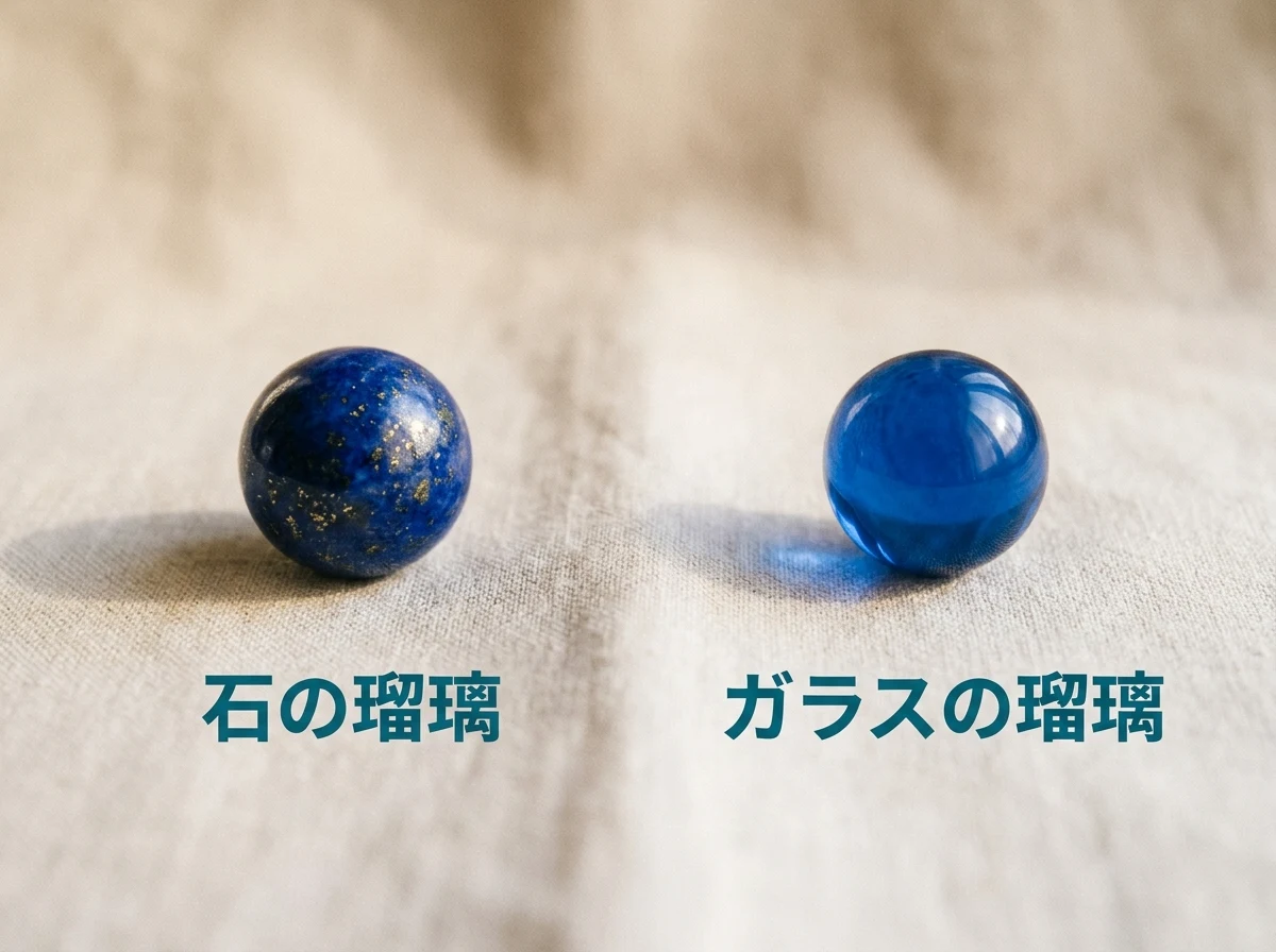 リネンの上に並べた、不透明な濃い青のラピスラズリの丸玉と、光が透ける濃い青のガラス玉の写真。画像内の文字は「石の瑠璃」「ガラスの瑠璃」