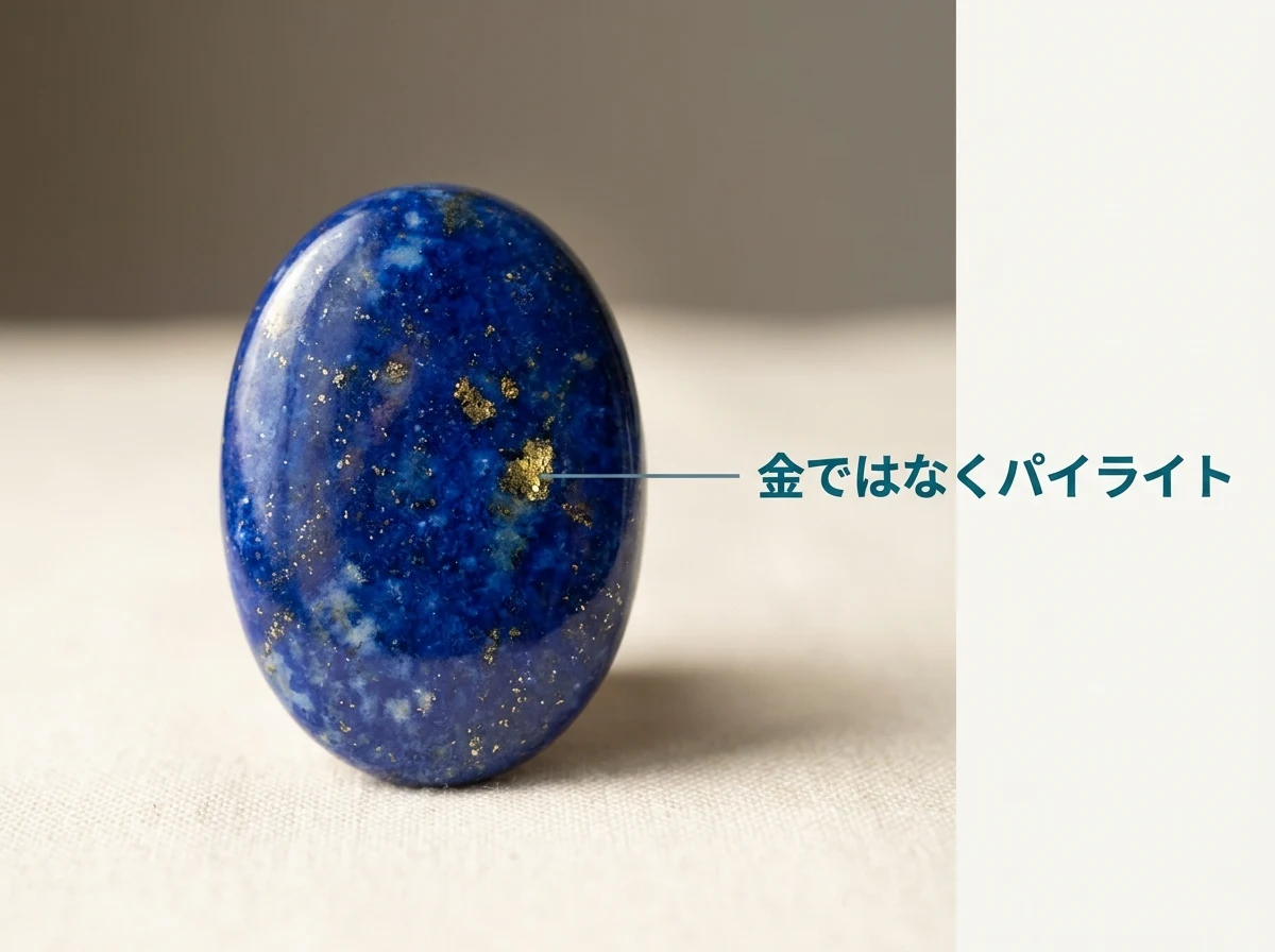 濃い青のラピスラズリの表面に散る金色の粒の拡大写真。金色の粒が金ではなくパイライトであることを短い言葉で示している