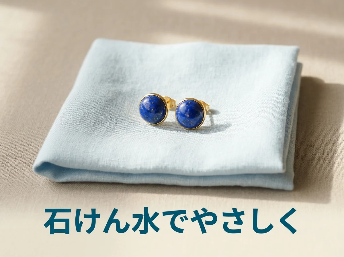 たたんだやわらかい布の上に置いた、濃い青のラピスラズリの一対のピアスの写真。ぬるま湯に石けんを溶かした水でやさしく洗うことを示している。画像内の文字は「石けん水でやさしく」