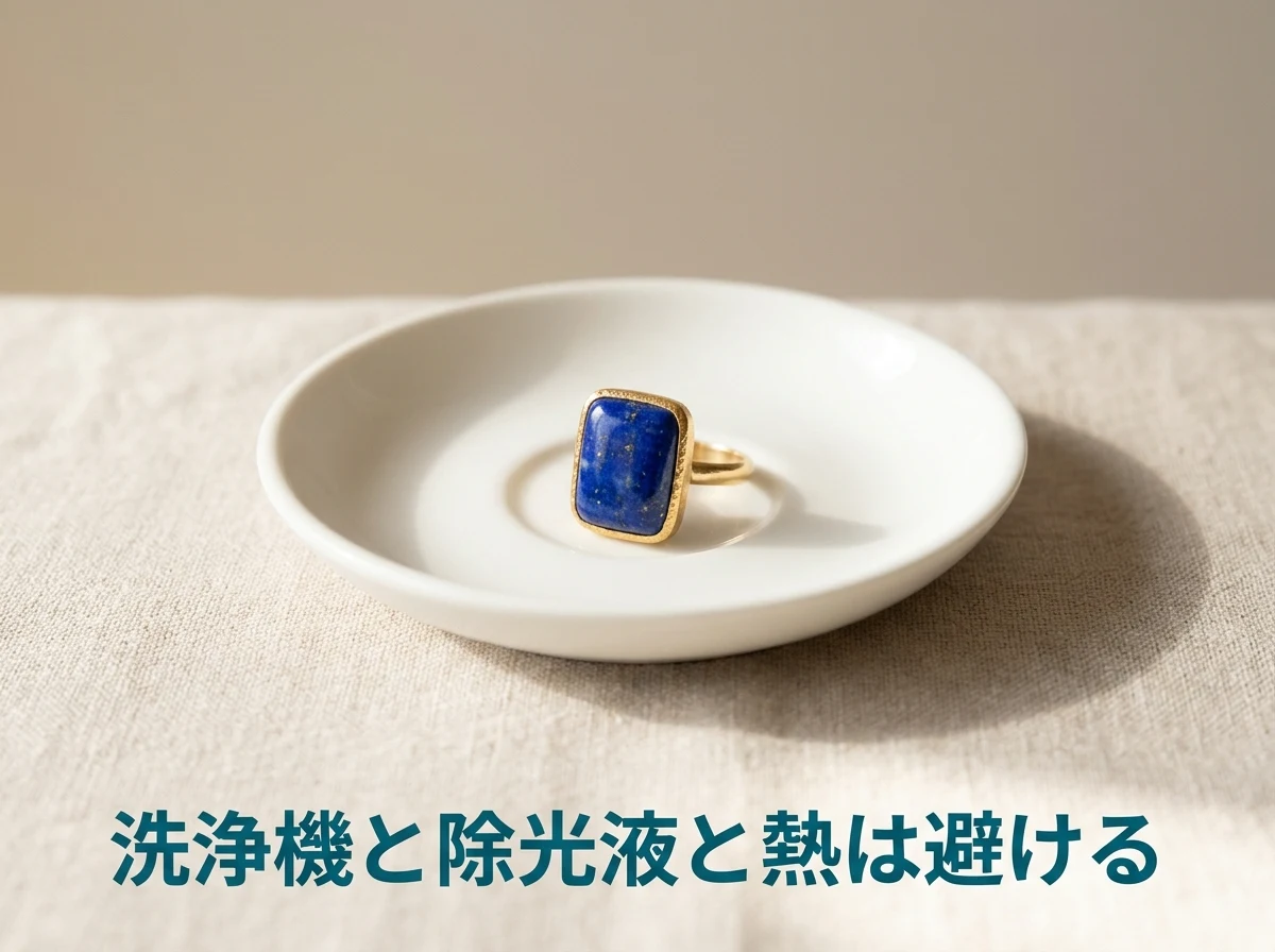 白い陶器の小皿に外して置いた、ラピスラズリの指輪の写真。洗浄機・除光液・熱を避けることを示している。画像内の文字は「洗浄機と除光液と熱は避ける」