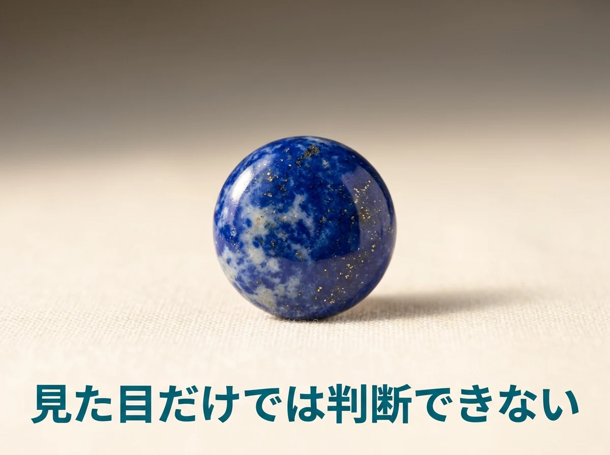 やわらかいリネンの上に置いた、濃い青に白いカルサイトの部分が入るラピスラズリの丸いカボションの写真。色が薄く見える原因は見た目だけでは判断できないことを示している。画像内の文字は「見た目だけでは判断できない」