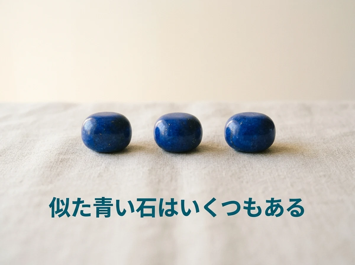 やわらかいリネンの上に並べた、見た目のよく似た濃い青に磨いた3つの石の写真。ラピスラズリに似た青い石がいくつもあることを示している。画像内の文字は「似た青い石はいくつもある」