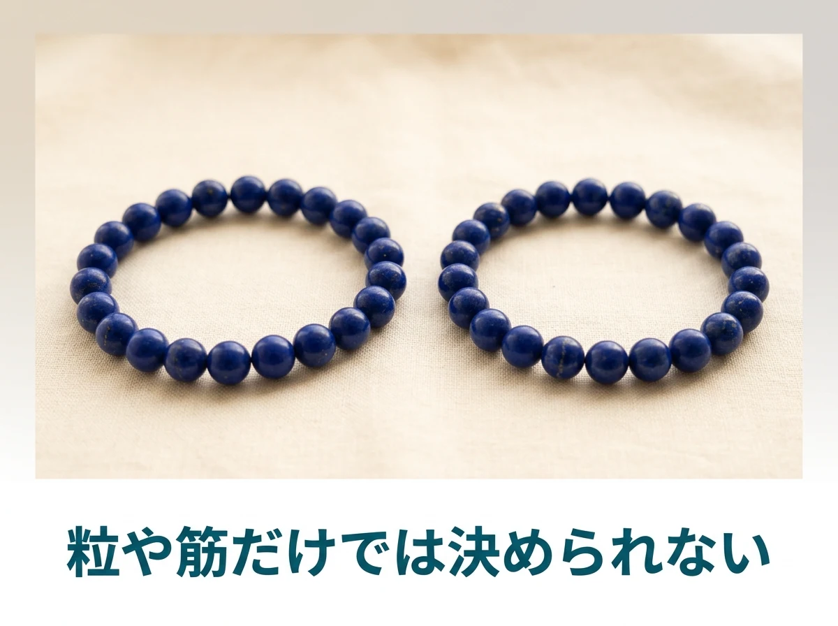 やわらかいリネンの上に並べた、見た目のよく似た濃い青の丸玉のブレスレット2本の写真。金色の粒や白い筋だけではどの石か決められないことを示している。画像内の文字は「粒や筋だけでは決められない」