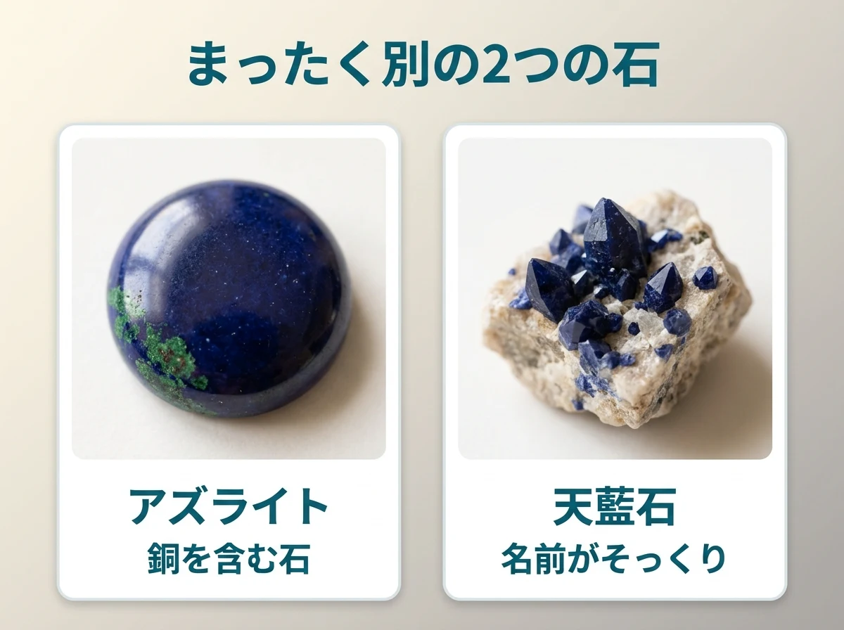 左に緑の斑が少し入る藍色のアズライトを磨いた石、右に白っぽい母岩についた藍色の天藍石の小さな結晶を入れた2枚のカード。アズライトは銅を含む石、天藍石は名前がそっくりな別の石であることを示す図。画像内の文字は「まったく別の2つの石」「アズライト」「銅を含む石」「天藍石」「名前がそっくり」