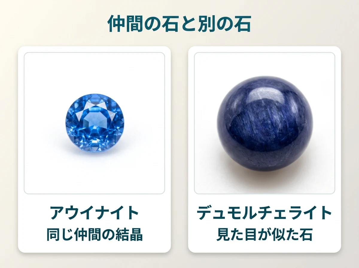 左に透き通った鮮やかな青のアウイナイトの小さな粒、右に不透明な濃い青のデュモルチェライトを磨いた石を入れた2枚のカード。アウイナイトはラピスラズリの青い鉱物と同じ仲間の結晶、デュモルチェライトは見た目が似た別の石であることを示す図。画像内の文字は「仲間の石と別の石」「アウイナイト」「同じ仲間の結晶」「デュモルチェライト」「見た目が似た石」