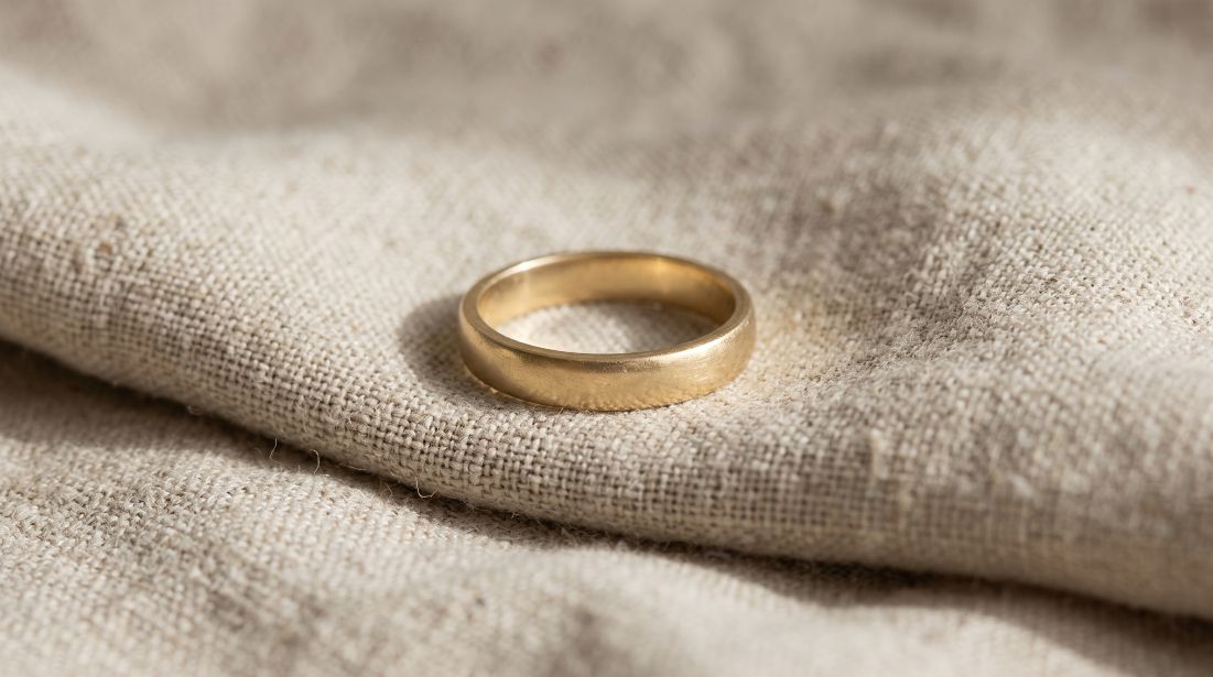 生成りの麻布の上に置かれた、使い込まれた細い金の指輪