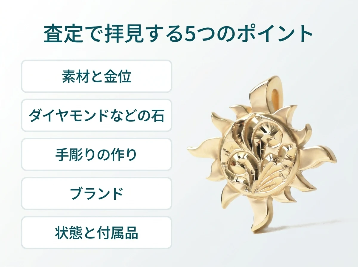 プアアリの査定で拝見する5つのポイント。素材と金位による貴金属の価値、ダイヤモンドなどの石、手彫りの作り、ブランド、状態と付属品