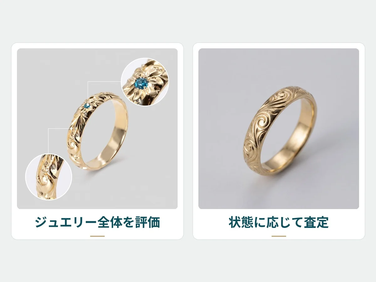 左は手彫りリングの石と彫りを拡大した図で「ジュエリー全体を評価」、右は使用感のあるリングで「状態に応じて査定」
