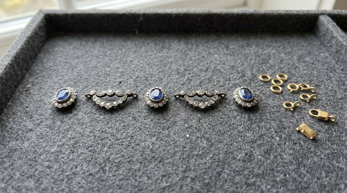 灰色のフェルトのトレーに一列に並べた、ダイヤモンドに囲まれたサファイアの飾りと花綱形の飾り。横に金色の留め具