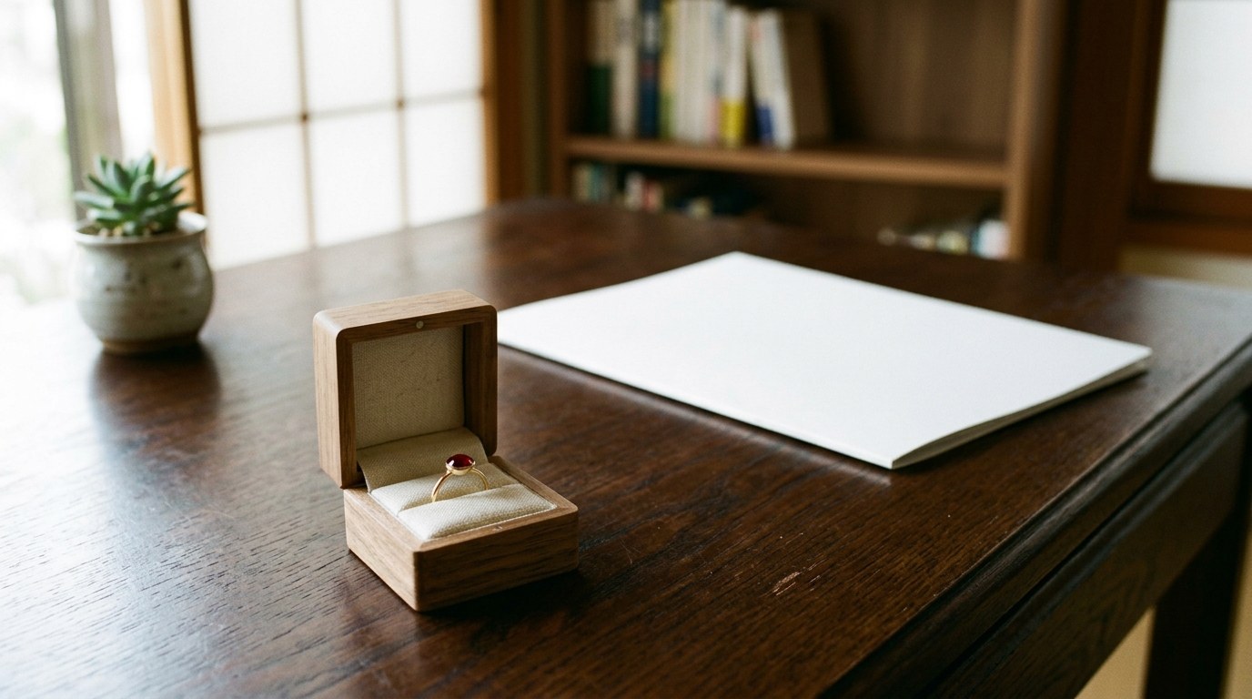 木の机に、赤い石の指輪が入った小さなリングケースと、白い無地の書類が置かれている