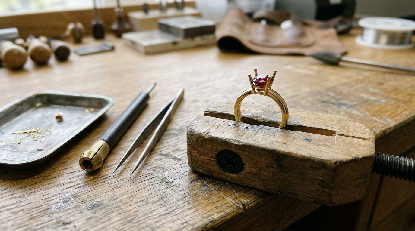 作業台の上で、指輪の枠に石を留める工具と、留めかけの指輪