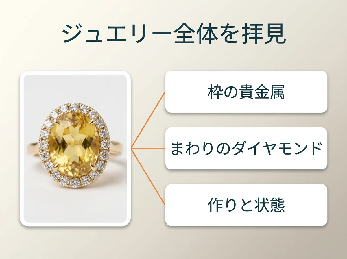 黄色い石の指輪と、枠の貴金属・まわりのダイヤモンド・作りと状態の3つを線で結んだ図。指輪やネックレスは、石だけでなく、枠の貴金属としての価値や、まわりの小さなダイヤモンド、作り・状態もあわせて拝見します