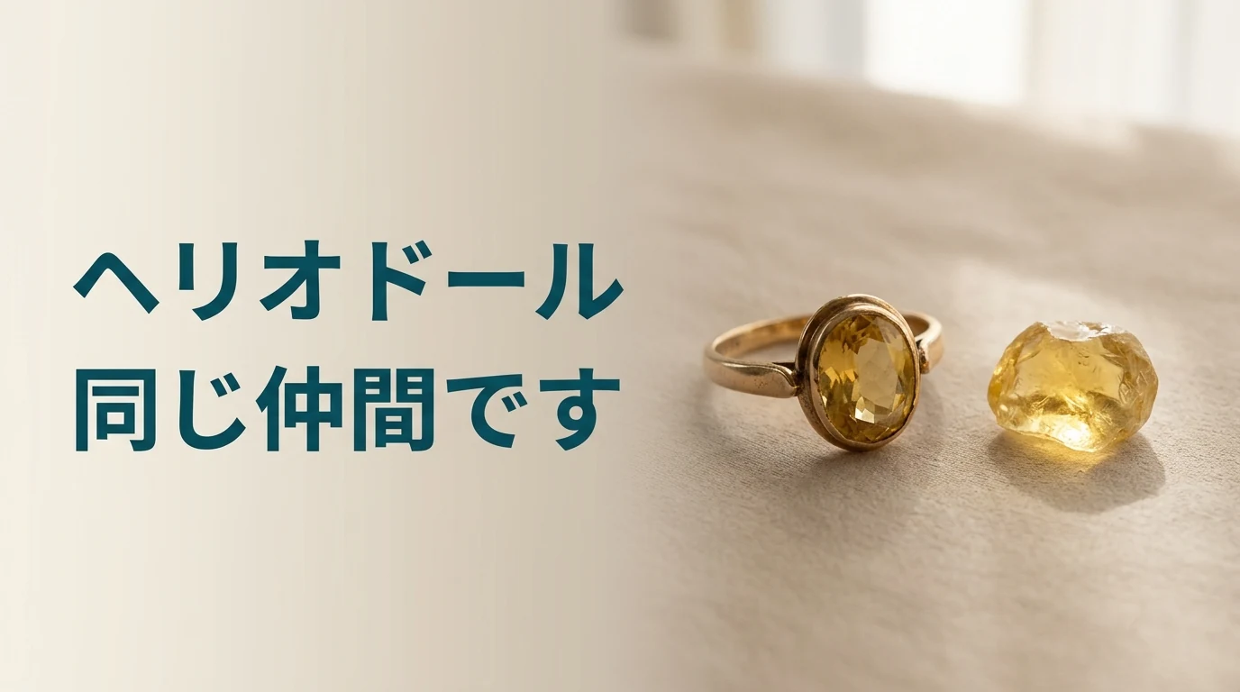 やわらかな布の上に、黄色い石の指輪と、磨く前の黄色い石を置いた写真です