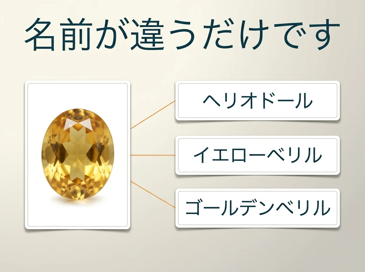 1粒の黄色い石に、ヘリオドール・イエローベリル・ゴールデンベリルの3つの名前がつながっている図。どれも同じ仲間の石につけられた名前です