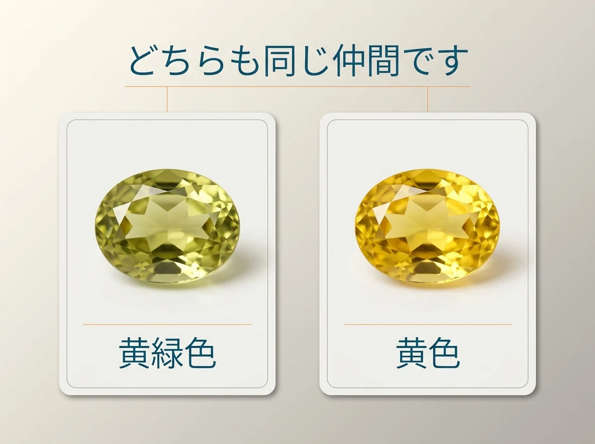 黄緑色の石と黄色の石を並べた図。黄緑色でなくても、同じ仲間の石です