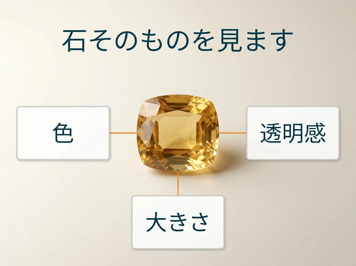 1粒の黄色い石のまわりに、色・透明感・大きさを同じ大きさで並べた図。値段は名前ではなく、石そのものを見て決まります