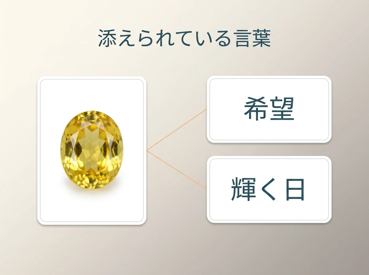 1粒の黄色い石に、石言葉として紹介されている「希望」「輝く日」の2つの言葉がつながっている図です