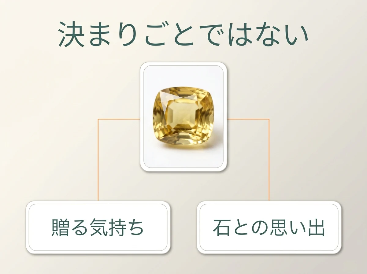 1粒の黄色い石から、贈る気持ちと、石との思い出の2つにつながっている図。石言葉は決まりごとではなく、気持ちや思い出に添える言葉です