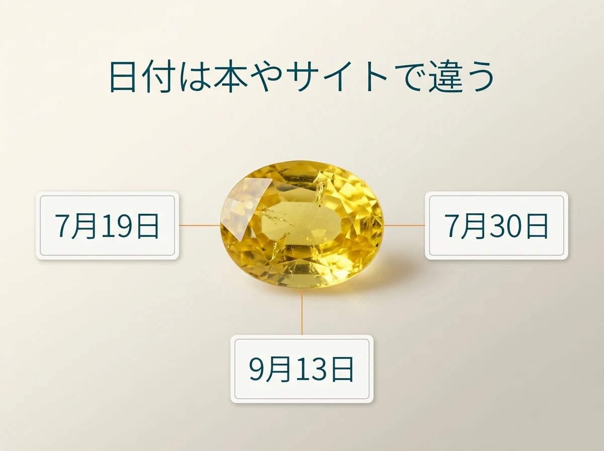 1粒の黄色い石のまわりに、7月19日・7月30日・9月13日の3つの日付を同じ大きさで並べた図。誕生日石の日付は、本やサイトによって違います